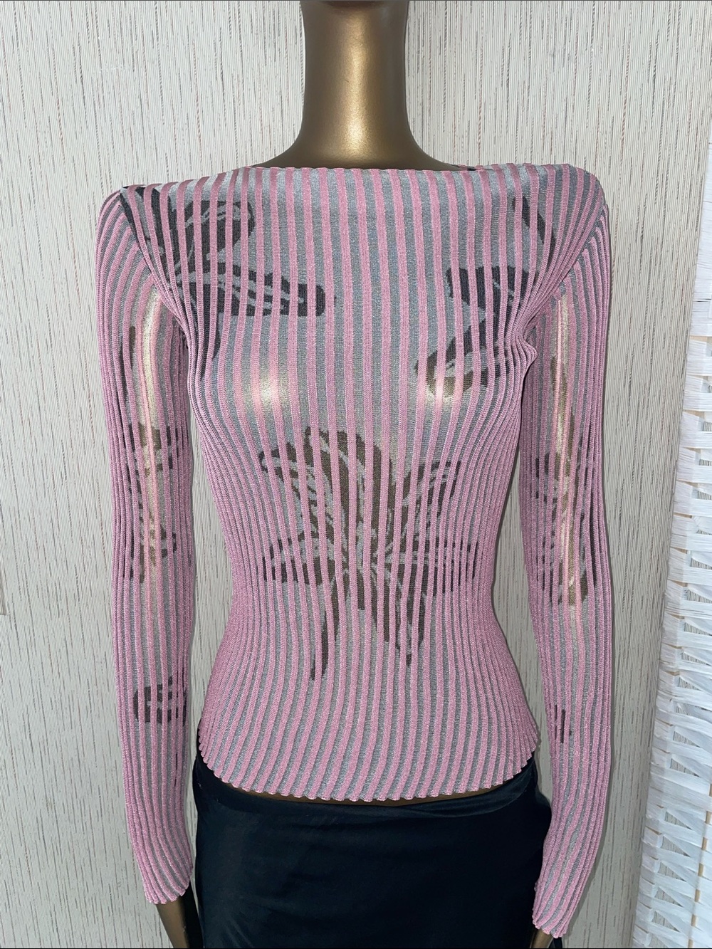Women's Sheer Ribbed Boatneck Long Sleeve Top - Pink